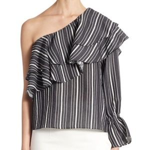Scripted Ruffled Striped One-Shoulder Top Small